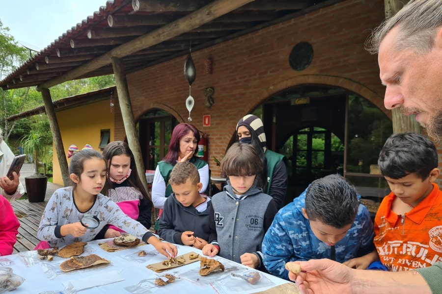 Foto de crianças vendo itens coletados da floresta, expostos em cima de uma mesa