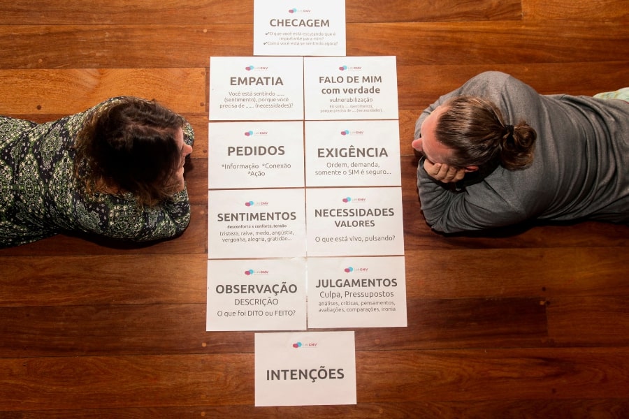 Foto de homem e mulher de frente um para o outro, olhando para folhas de papel com palavras escritas, dispostas no chão