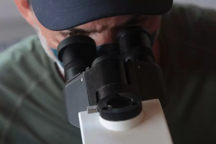 foto de pesquisador olhando no microscópio
