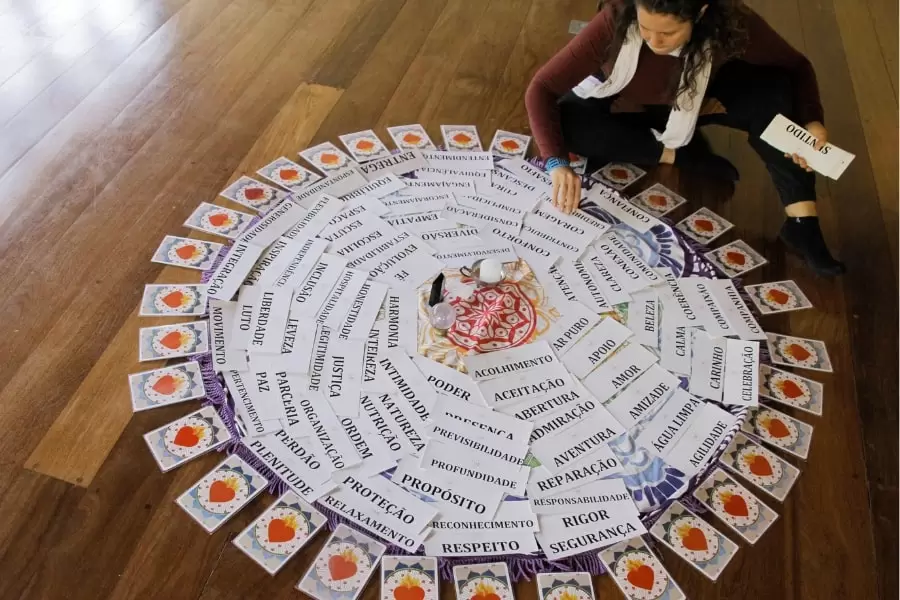 Foto de um círculo de muitas palavras, montado chão, sobre um piso de madeira, com uma pessoa sentada numa ponta dele