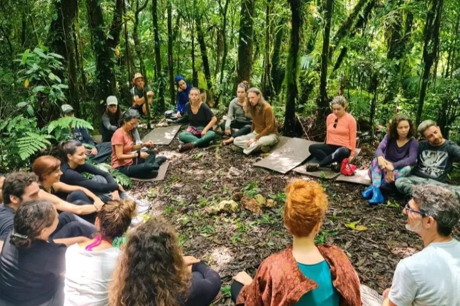 Roda de pessoas na floresta.